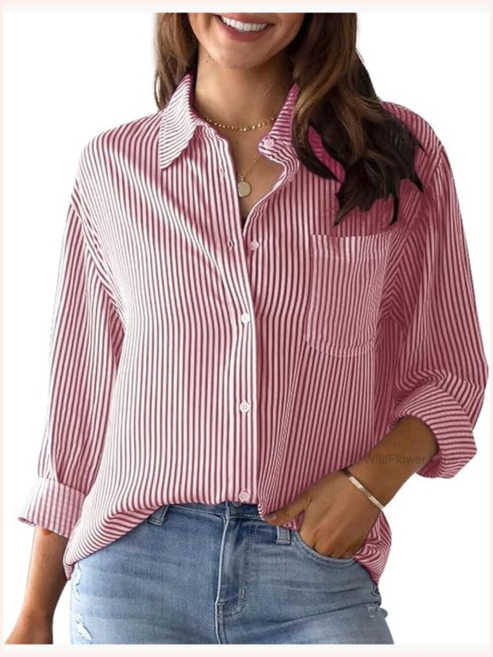Striped Button Down Shirt Long Sleeve Blouse with Pocket Office Casual
